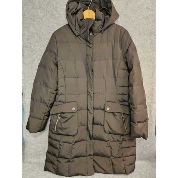 Calvin Klein Women's L Brown Duck Down Long Hooded Puffer Jacket Coat Belted‎ - Picture 1 of 16